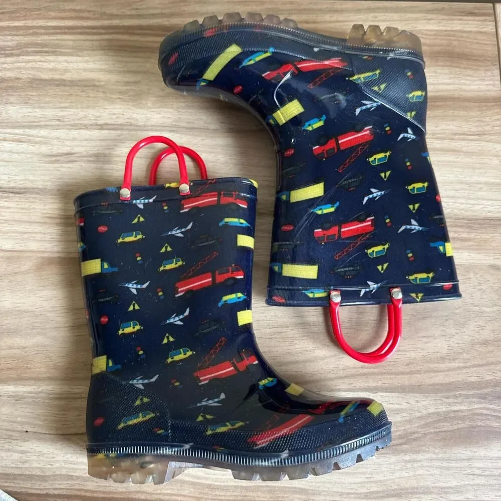 EUXTERPA kids boys vehicle Light-Up LED Rain Boots Cars Waterproof US13